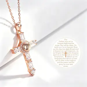 Nano Projection Lord's Prayer Cross Necklace - Hidden Bible Verse Pendant with Shiny CZ Stones, Rose Gold-Silver Faith Jewelry Gift for Women