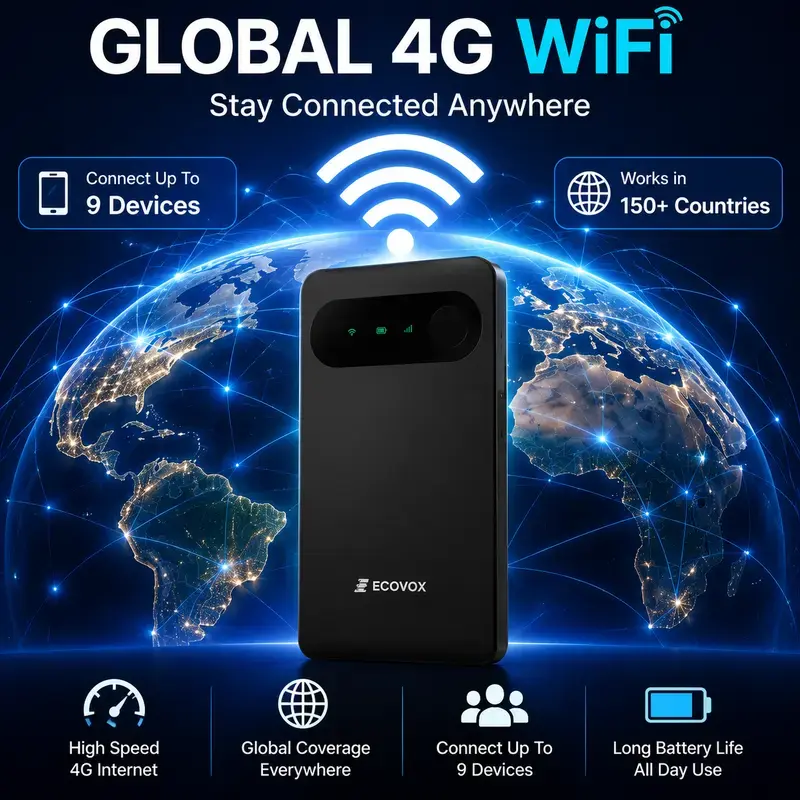 ECOVOX Simple 4G LTE Portable Plastic Pocket Wi-Fi Hotspot - 3.5oz 3C Digital Product, 1 Port USB, Pay As You Go, No SIM/Contract, Auto Network Switching, 9-Device Connect, 3000mAh Battery, Universal for USA+150+ Countries, Ideal for Travel, Outdoor Use