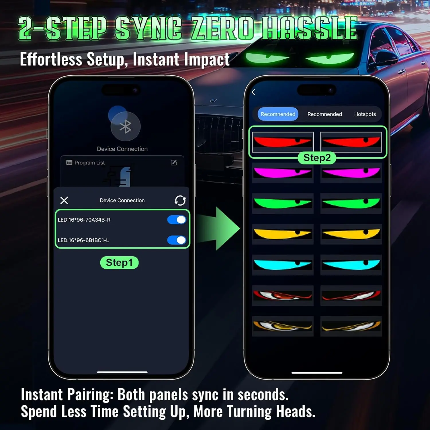 Sachie 2PC Devil Eyes LED Light Strips for Cars - 5800 Lux High-Brightness, 23.6"x4.73" Customizable Windshield Decoration, App Control, IP68 Waterproof, USB-Powered, Fits Trucks/SUVs, Led Lights