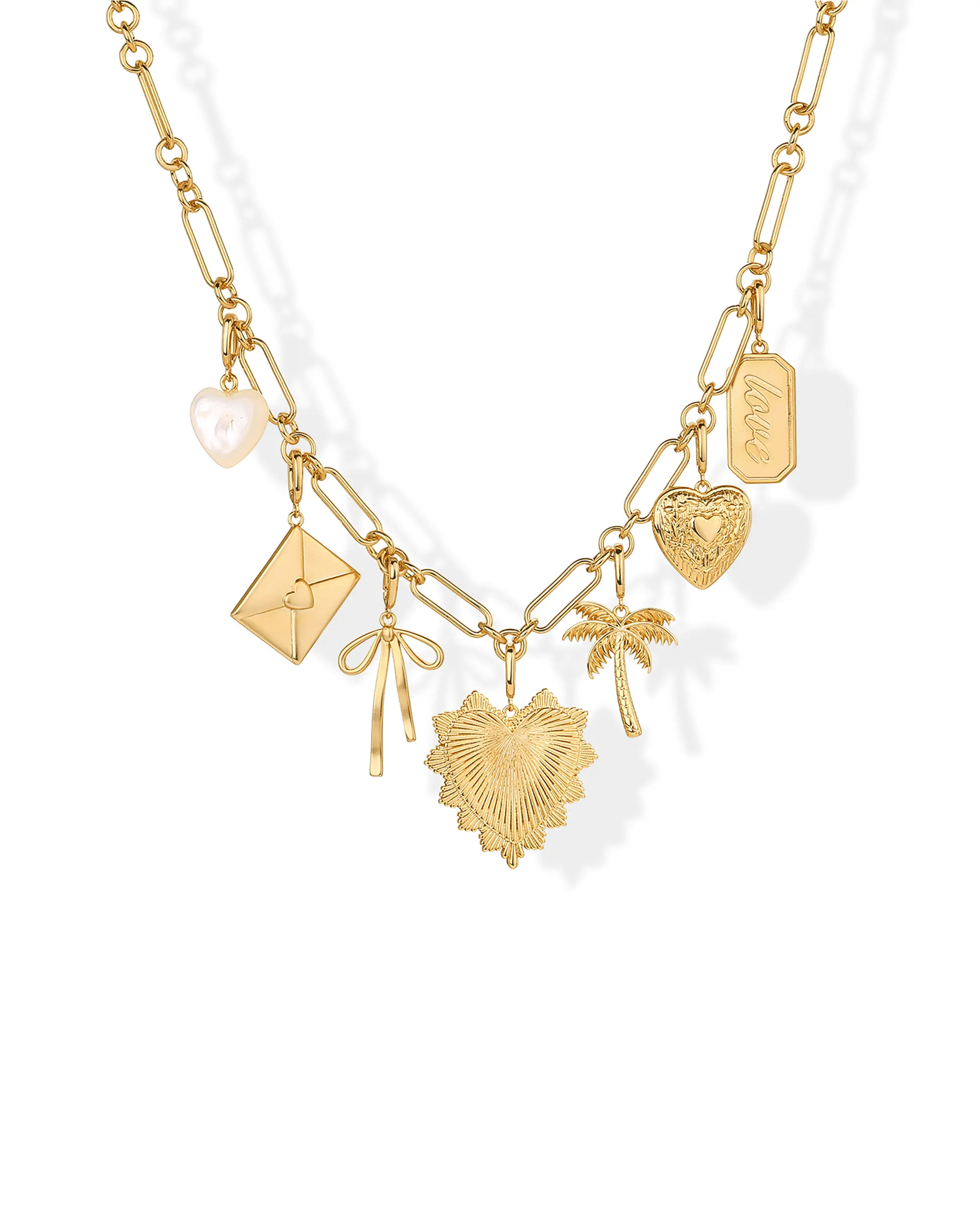 PAVOI 14K Gold Plated Removable Charm Necklace for Women - Adjustable Link Chain Pendant Necklace with Removable Charms -  Trendy Mix & Match Pendants Letter Palm Tree Heart Mother of Pearl Bow Tie Love Tag