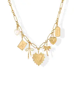 PAVOI 14K Gold Plated Removable Charm Necklace for Women - Adjustable Link Chain Pendant Necklace with Removable Charms -  Trendy Mix & Match Pendants Letter Palm Tree Heart Mother of Pearl Bow Tie Love Tag