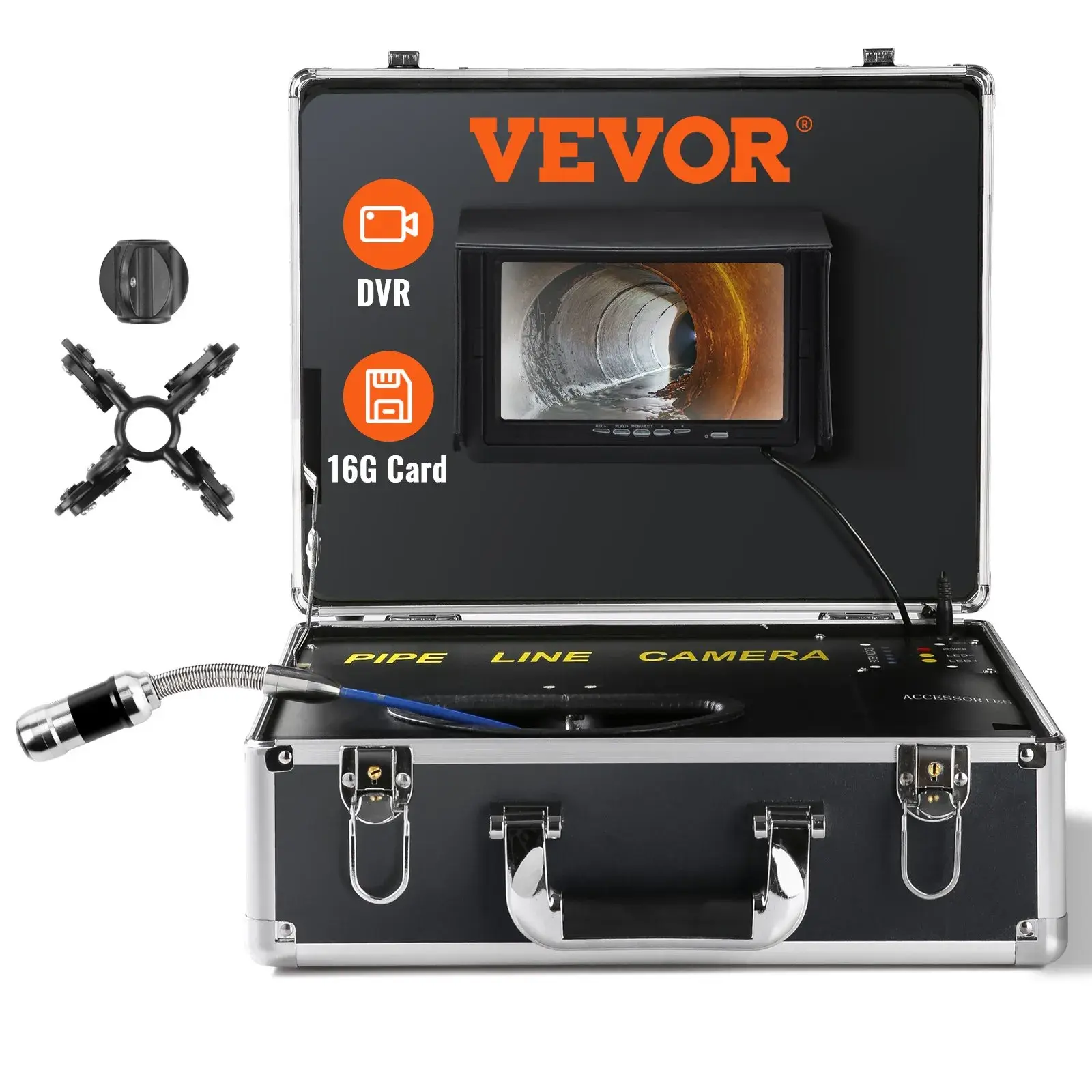 VEVOR Sewer Camera,  100 ft/30 m, 7" Screen Pipeline Inspection Camera with DVR Function, Waterproof IP68 Camera, 12 pcs Adjustable LEDs, with a 16 GB SD Card for Sewer Line, Duct Drain Pipe Plumbing