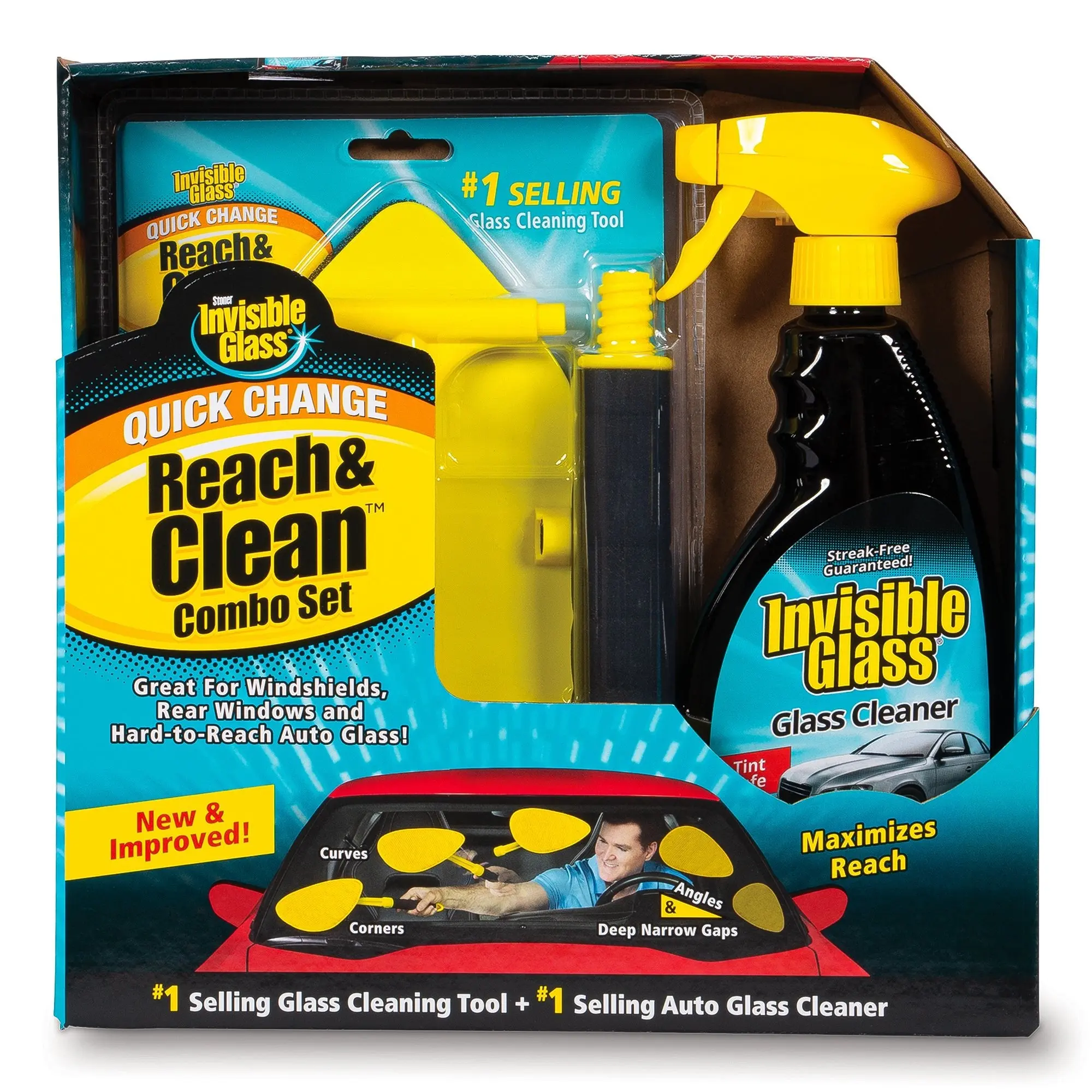 Invisible Glass Reach & Clean Glass Windshield Cleaner Tool Combo Kit With Premium Spray Glass Cleaner, Extendable Handle, (2) Reusable Quick Change Microfibers, and Storage Bag