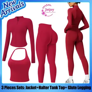 Jetjoy Workout Sets for Women 3 Piece ,  Women Seamless Ribbed Workout Sets With Zip Up Jacket+ Backless Tank Top+Mid-Waisted Gym Yoga Leggings