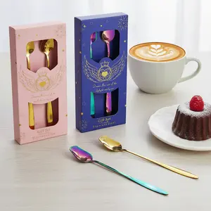 2-Piece Long Handle Rose Spoons, Stainless Steel Dessert Spoons with Gold/Rainbow Coating, Gift Boxed Cutlery Set for Daily Use & Gifting