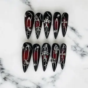 Gothic Cross Press On Nails: Red Black Ombre Stiletto - Halloween Nail Art