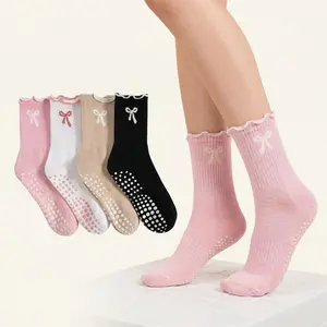 4 Pairs Non-Slip Sticky Pilates Socks for Women, Ruffled Bow Design Anti-Skid Studio Socks for Yoga Reformer Barre Dance and Workout