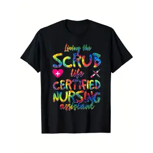 Living the Scrub Life" Certified Nursing Assistant Scrub Top - 100% Cotton, Crew Neck, Short Sleeve, Durable & Breathable, Black with Colorful Graphics, Sizes S-XXXL y2k  outfits  men demon slayer  merch double print oversize  cadena graphic tee