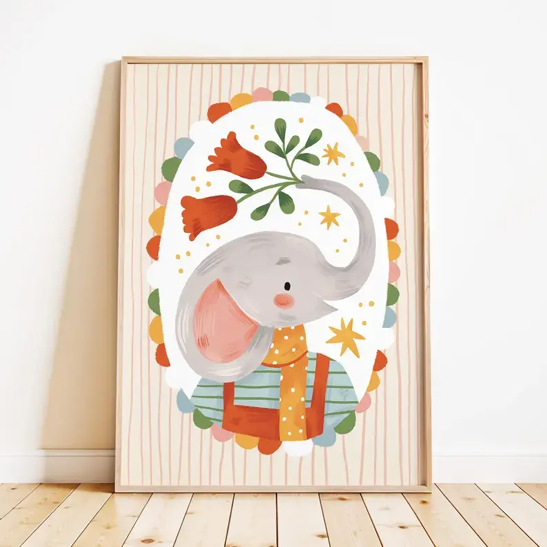 Cute Baby Elephant Nursery Wall Art, Whimsical Floral Elephant  Print, Colorful Animal Poster for Baby Bedroom Kids Room Playroom Decor