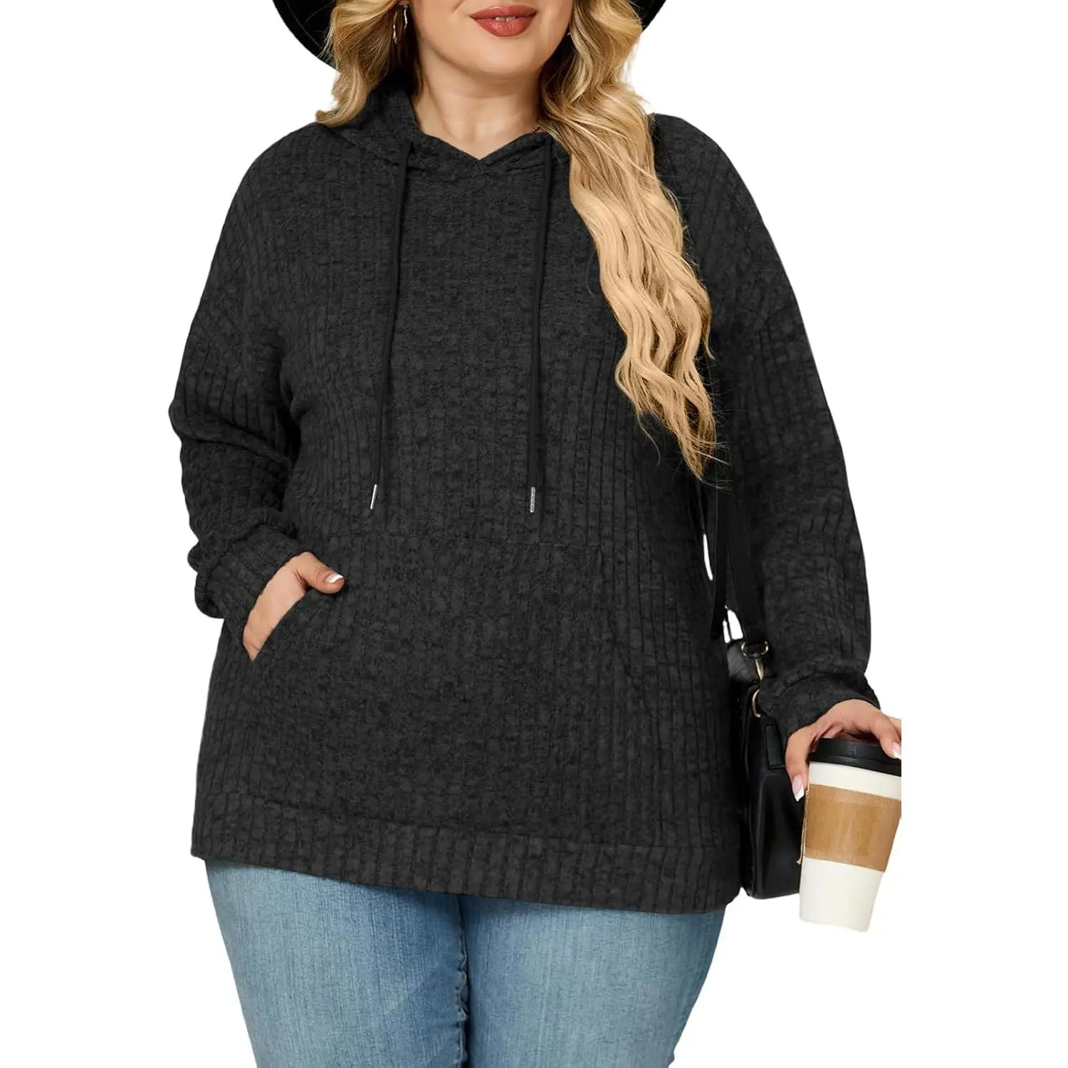 Womens-Plus-Size-Hoodies-Sweatshirts Casual Long Sleeve Pullover Sweaters Dressy Knit Tops with Pockets Oversized Hooded Sweatshirt XL-5XL RPS2171