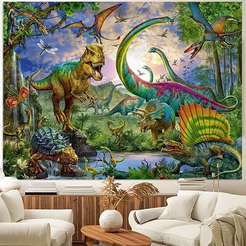 Vibrant Dinosaur World Tapestry - Polyester Wall Hanging for Living Room, Bedroom, Office - Home Decor, Room Decor Art Decoration Design
