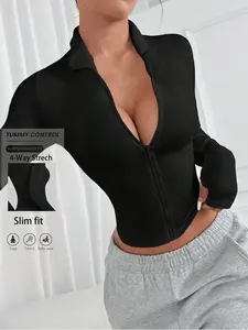 Women's Zipper Jacket Minimalist Street Style, Casual Basic Daily Wear, Airport Boss Sportswear, Elastic Chest Binder, Turtle Neck Sun Protection Yoga Coat