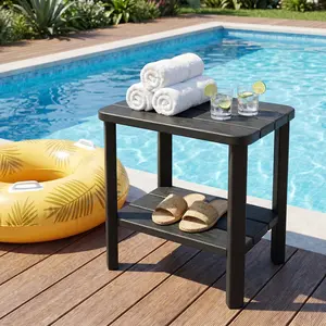 Outdoor Side Table, 2-Tier Terrace Side Table Suitable for Backyard Pool Porch Garden Lawn. Weather-Resistant and Easy to Maintain - Black. Summervibes. Mothersdaygift.Summervibes