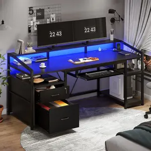 SIKAIC 63-Inch L-Shape Multi-Functional Gaming & Computer Working Desk - Engineered Wood, LED Lights, Drawers, Computer Monitor Stand, Black