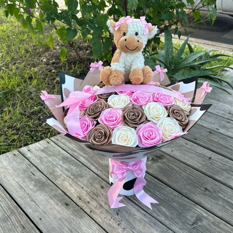 Eternal Rose Bouquet - 36 Count Pink Brown Ivory Cow Bow Bouquet with Ribbon Message - Floral Arrangement Gift for Special Occasions
