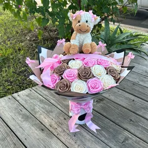 Eternal Rose Bouquet - 36 Count Pink Brown Ivory Cow Bow Bouquet with Ribbon Message - Floral Arrangement Gift for Special Occasions