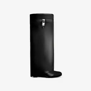 Padlock Detail Wedge Heel Knee High Long Boot Leather