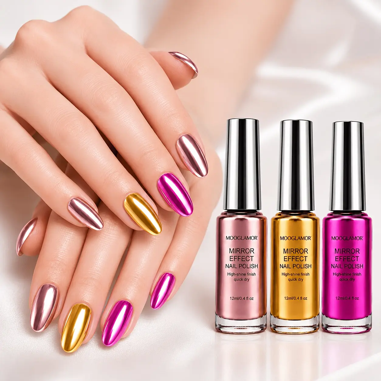 Luxury Metallic Mirror Nail Polish Set - 3-Pack 12ml Manicure Kit, Quick-Dry Long-Lasting Formula, Flawless Chrome Gloss Finish, Lightweight Smooth Application Brush, Stainless Vegan Nail Art Gift, Salon, Nail Inspo
