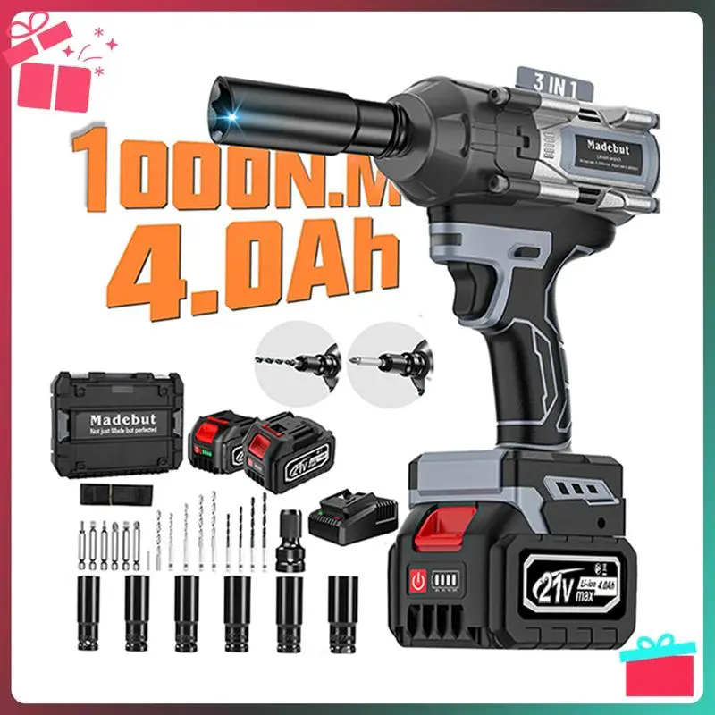 1000N.m Cordless Impact Wrench, Brushless High Torque Impact Gun, 3 Variable Speeds, LED Light,2x4000mAh Battery, 5 Sockets, Electric Impact Gun for Car/Mower/Pickup