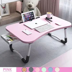 PHANCIR Laptop Desk with 4 USB Charge Port(NO mini fan and light), 23.6" Foldable Wood Laptop Desk, Durable Edge with Slots Cup Holder & Drawer, for Reading Writing Eating & On-the-Go Use