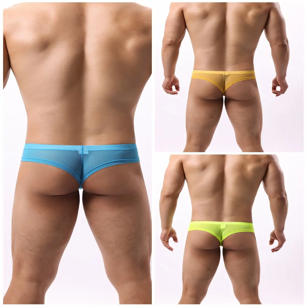 3pcs Men's Ultra-Thin Sexy Mesh Solid Color Low-Rise Thong Underwear