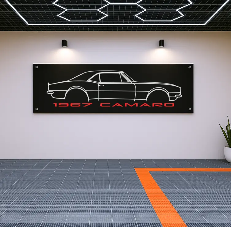 1967 Camaro Flag Banner – 71x24 Inch Vintage Muscle Car Garage Wall Art, Retro Man Cave Decor, Classic Chevy Birthday Gift