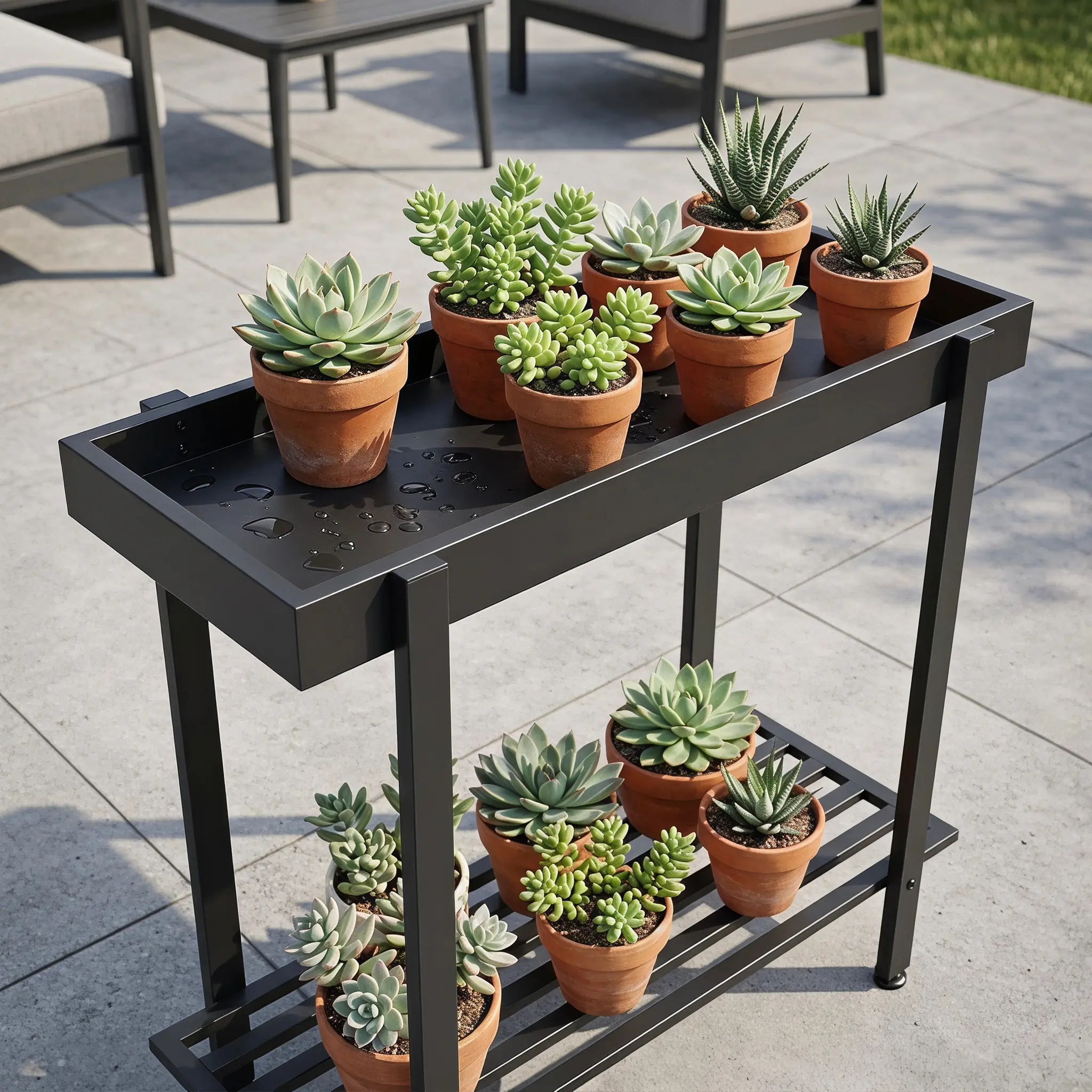 Slim Window Plant Bench 2 Tier Metal Plant Stand, Indoor Outdoor Heavy Duty Flower Shelf for Multiple Potted Plants, Rust Resistant Black Window Side Table 26 Inch Length