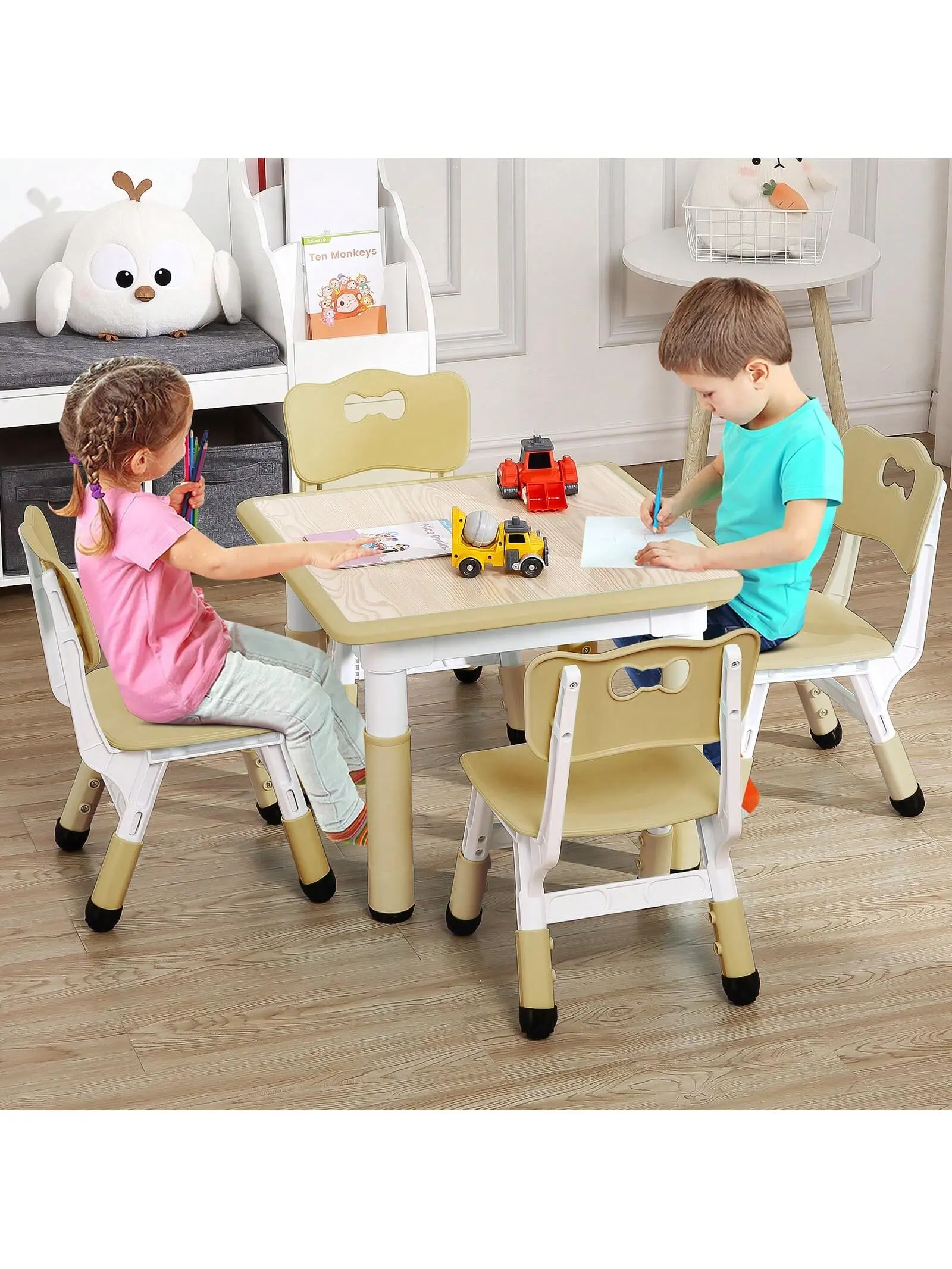 (Labor Day Sale) Children's Ergonomic Height-Adjustable Wood Square Kids Table & 4-Chair Set - 18.9"-23.6" Arts & Crafts Desk Top, 10.6"-12.2" Chairs, Non-Slip Legs, 300lbs Capacity, Assembly Required for Study, Activities, Kids Table And Chair Set