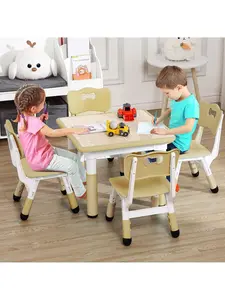 【Labor Day Sale】Ergonomic Children's Height-Adjustable Table and 4-Chair Set, 23.6'' Square Arts & Crafts Desk with Graffiti Desktop, Non-Slip Legs for Dining and Study