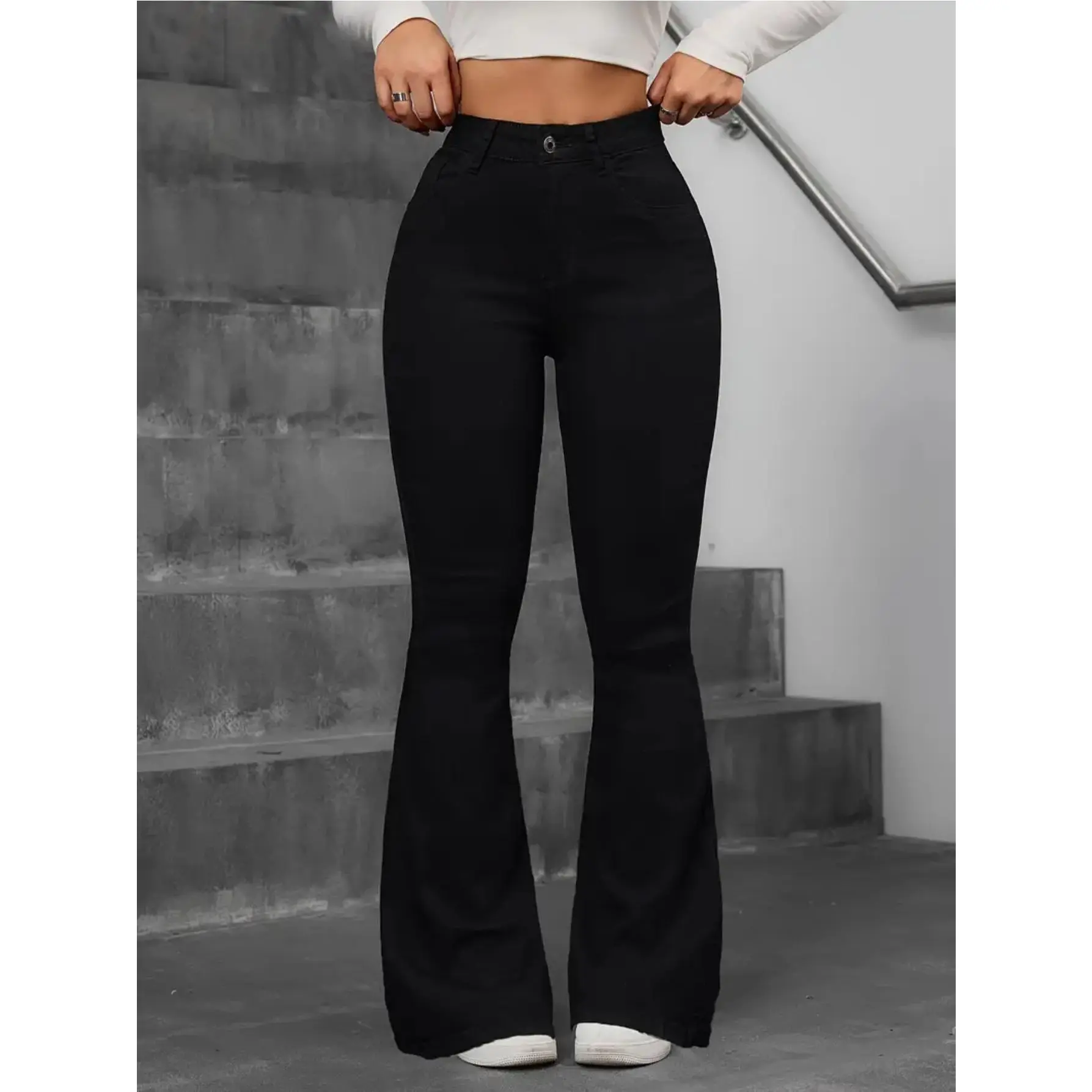Women's Flare Leg Jeans, Vintage High-Waisted Style in Solid Black Medium Stretch Cotton Blend Denim, Bottoms, Denim Clothing, Elastane