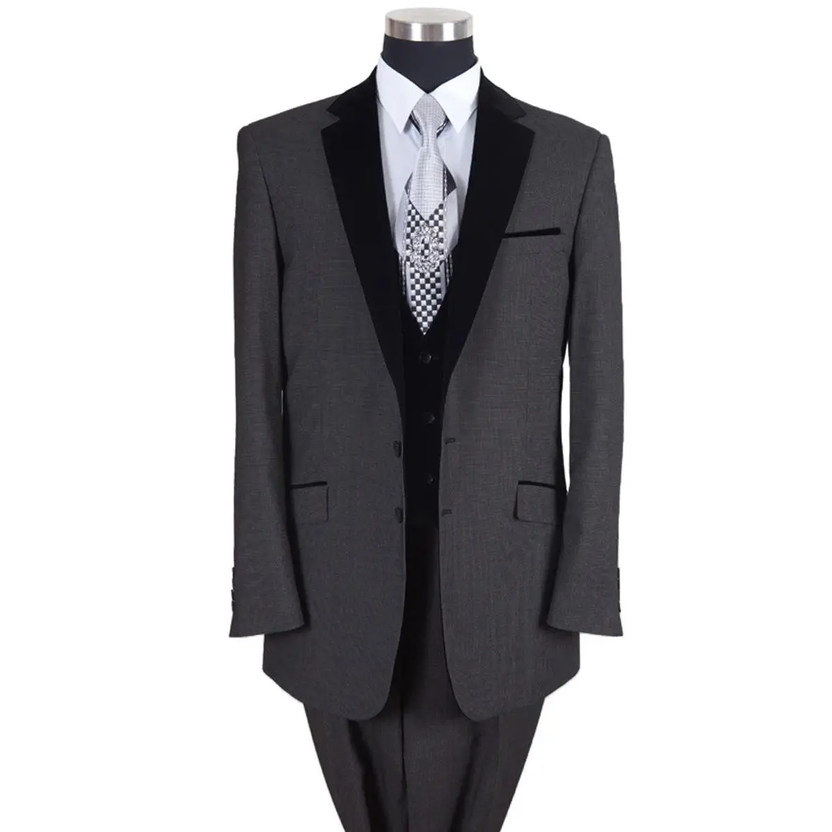Mens Vested Modern Fit Tuxedo Suit in Black with Black Velvet Lapel and Vest