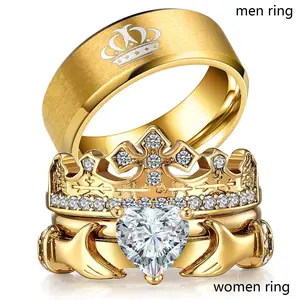 Couple Rings Matching Ring Claddagh Ring Yellow Gold Plated Women Wedding Ring Sets for Him and Her