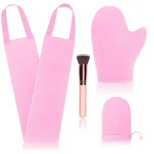 Self Tanner Mitt Kit 4PCS Tanning Applicator Gloves Back Applicator Face Brush Streak Free Pink