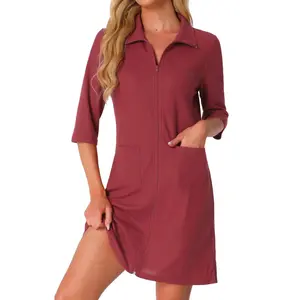 INSPIRE CHIC Women's Zipper Robes Waffle 3/4 Sleeves Bathrobe Gift Knee Length House Coat Short Sleepwear with Pockets Small Claret