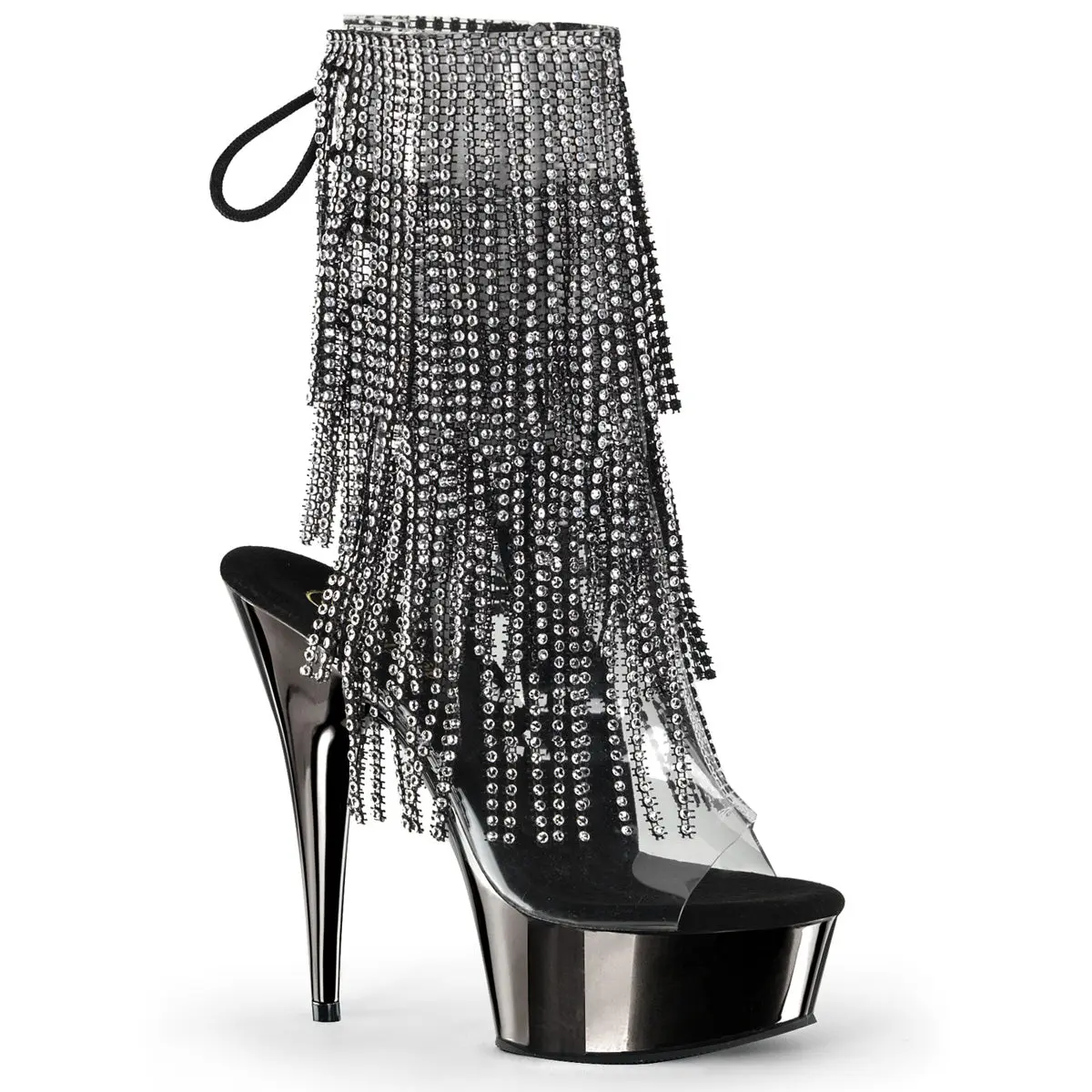 Pleaser DELIGHT-1017RSF Women's Dark Pewter Chrome Fringe Lace Ankle Boots - 6 in Stiletto Heel, Platform, Chrome Plate, Rhinestones, Zip, Stage Wear, Party Footwear