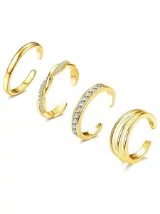 4 Pcs Women's Toe Rings Set, 14k & Silver Color, Adjustable Open Design, Summer Beach Foot Jewelry, Plain Style, Copper Chain Material