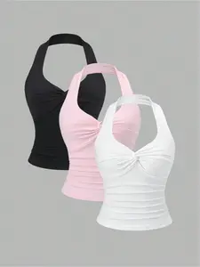 Women's Plain Three-Piece Set, Halter Neck Sleeveless Top with Twist Design, Slimming Wrinkled Blouse, Casual Fashion