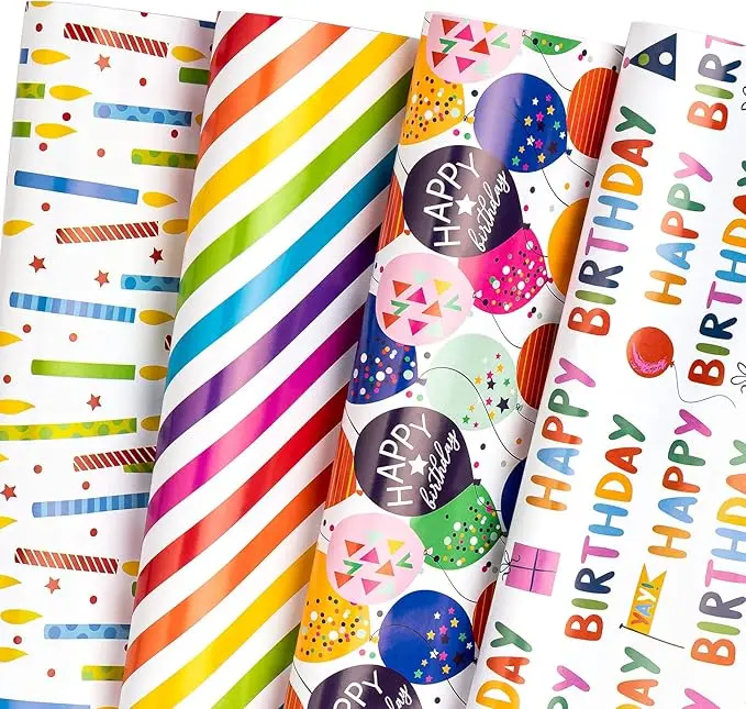 WRAPAHOLIC Cute Birthday Gift Wrapping Paper Sheet Set,  12 Pack Folded Gift Wrap Paper with Unicorn, Balloon, Goose, Galaxy & Tropical Designs, Flat Folded Gift Wrap with Tags for Kids Girls Boys Baby Shower Party Celebration, 19.7 x 27.5 Inch