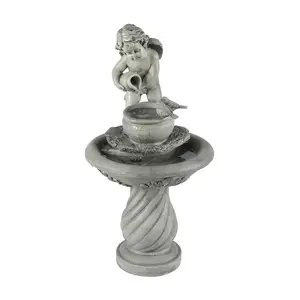 LuxenHome Gray Resin Cherub Birdbath Fountain