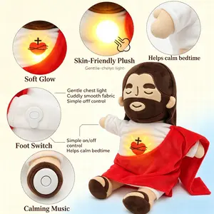 Religious Jesus Plush Toy with Light & Calming Music, Auto Breathing Heart Glow Design, Battery Operated Stuffed Animal, Perfect Christian Baptism Christmas Present for Boys Girls 1count