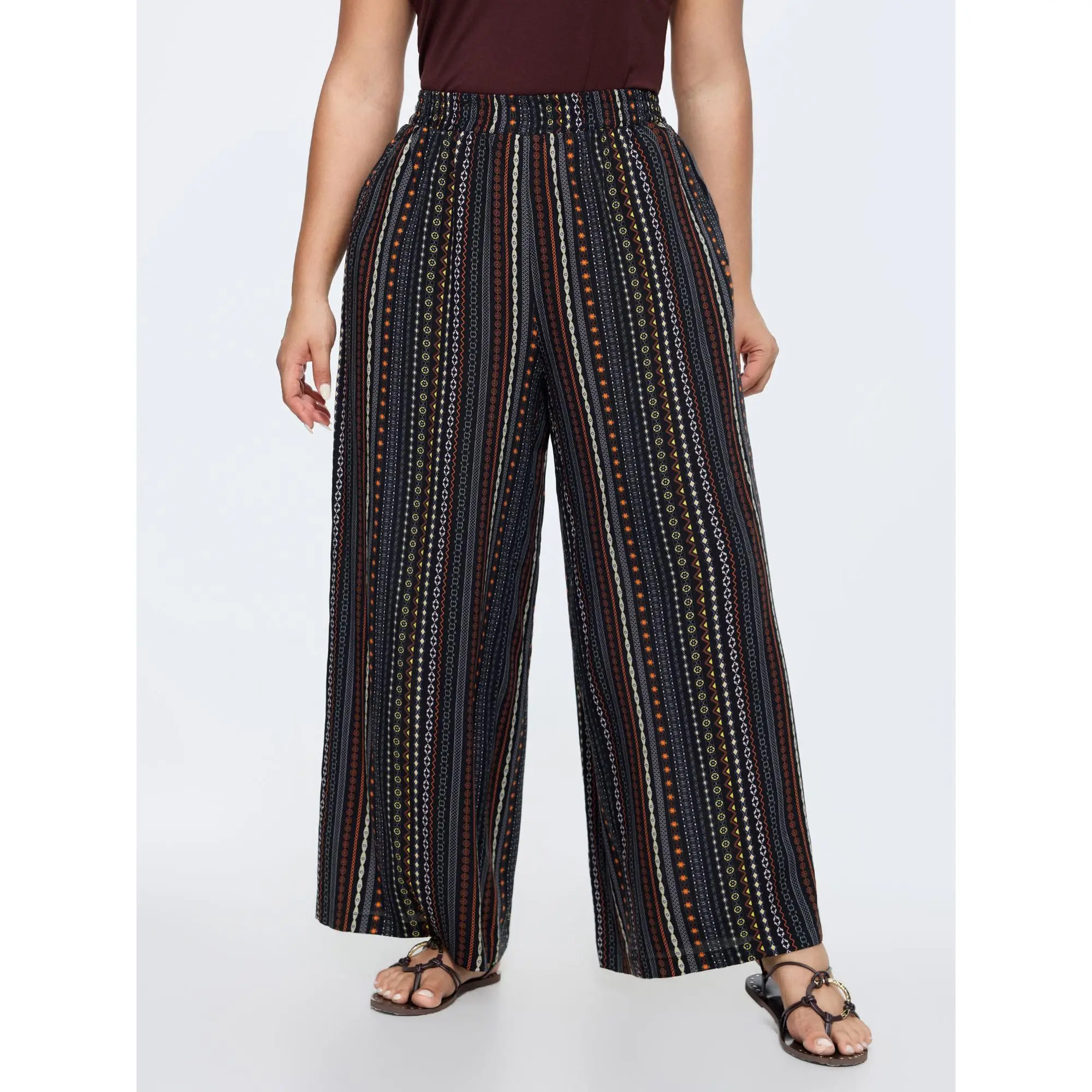 BloomChic Women's Plus Size Boho Striped Rayon Loose Fit Pants, Multicolor and Comfy for Summer, Bottom, Smocked, Fabric, Curvy Women Plus Size, Everyday, Simple, Breathable, Chic Curve Pants, Colorful Flowy Pants