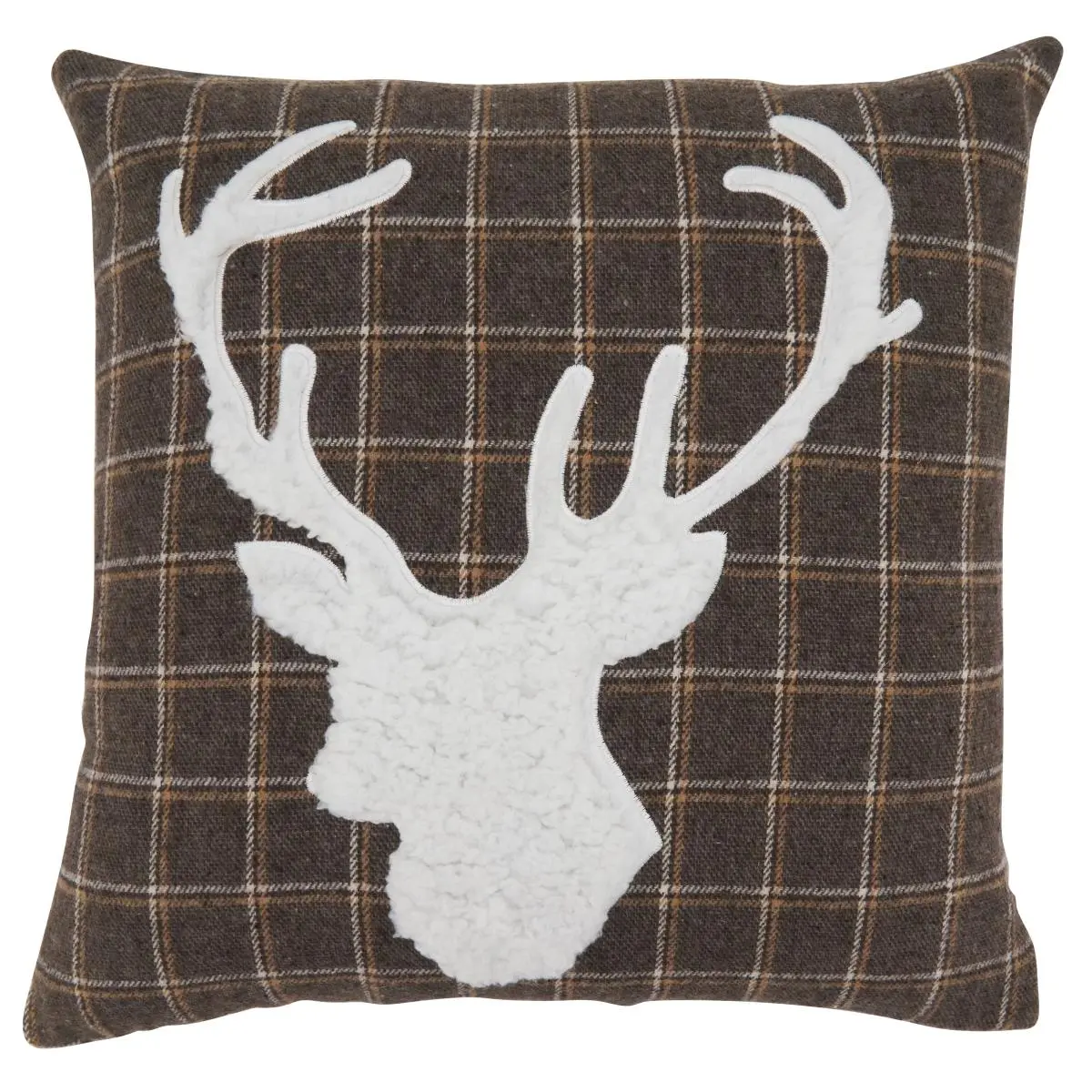 SARO 8900.BR18SD 18 in. Square Shape Down-Filled Brown Plaid Reindeer Single Pillow for Home Décor, Indoor Use - Hand Wash Only, Durable