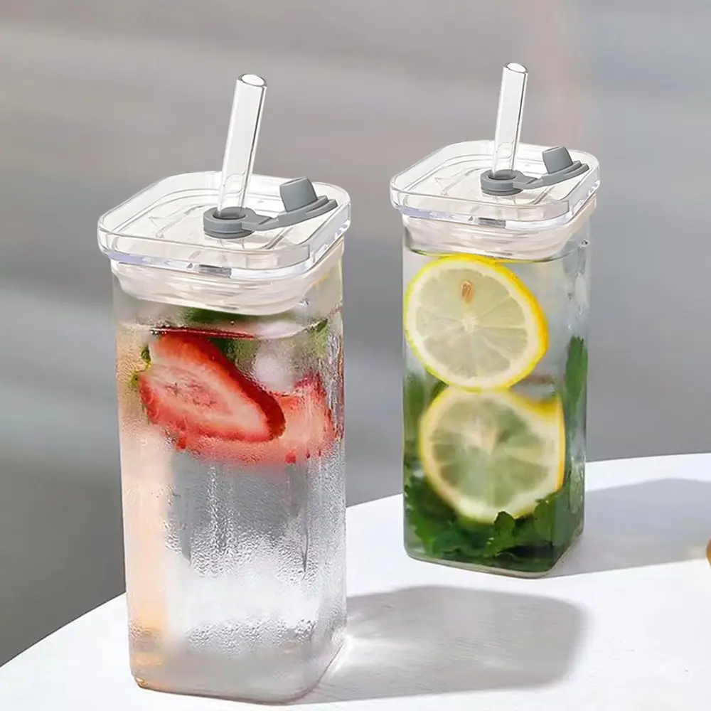 2PCS Aesthetic Drinkware Tumbler Set - Square Glass Mugs with Glass Lids & Straws, Portable Washable Coffee Cups, Ideal Gift Idea for Mug Collectors, Office & Home Daily Use