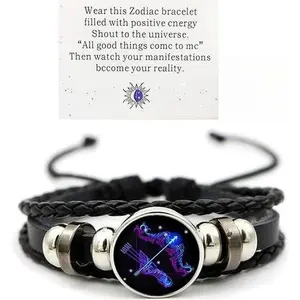 Zodiac Signs Spirit Bracelet - Adjustable 12 Constellation Black Leather Wrap Bracelet for Women Men with Positive Energy Glow-in-the-Dark Design Valentine’s Day Gift