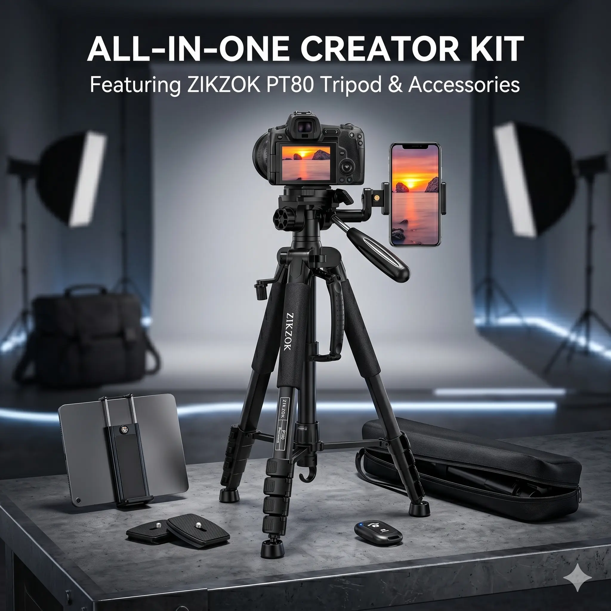 MACTREM All-in-1 Professional Heavy-Duty Tripod Stand with Bluetooth Remote, DSLR Camera/iPhone/Tablet Mount, Phone Tripod for Vlogging, Live Streaming Camera Phone Accessories, Tripod For Iphone