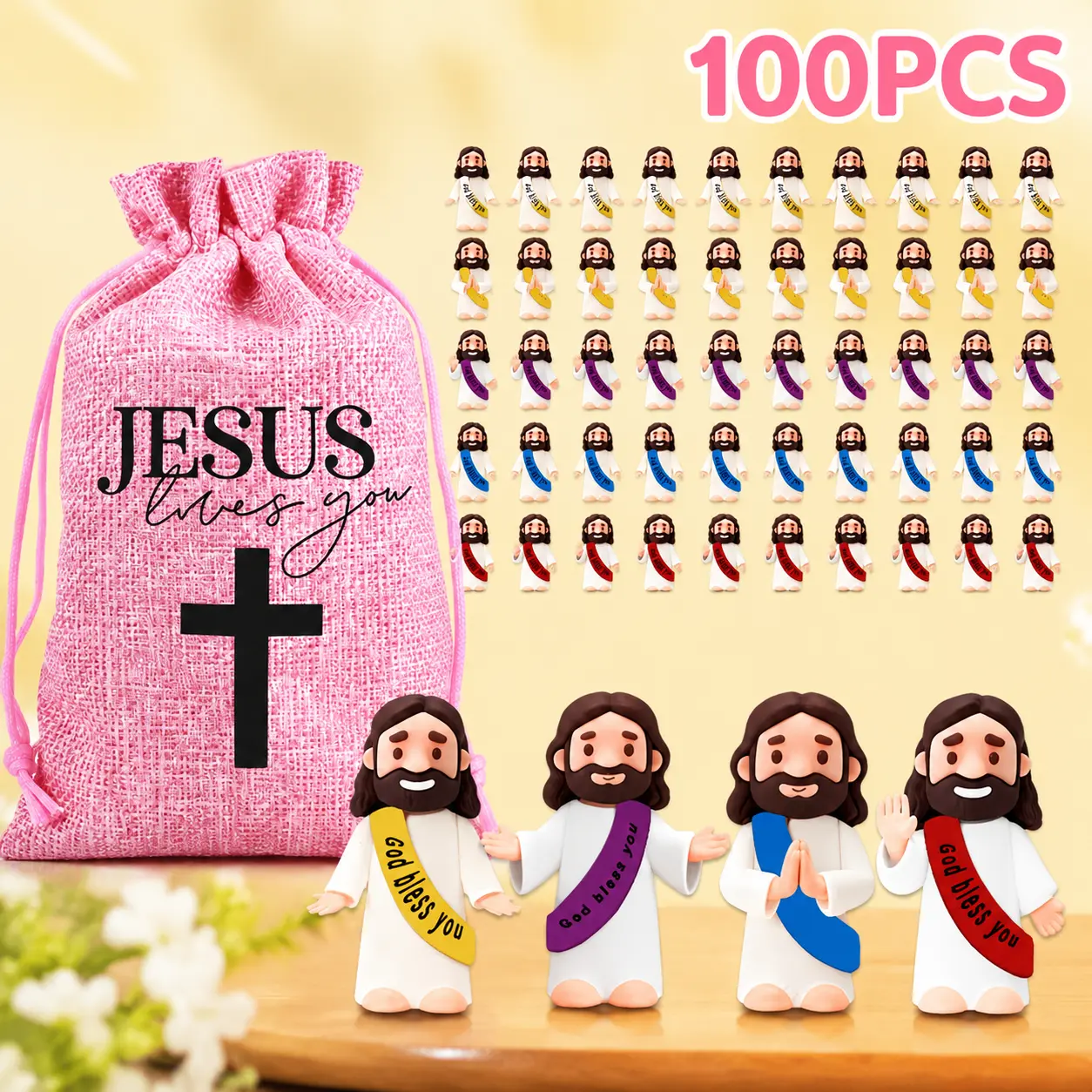 100Pcs Mini Jesus Figurines Bulk+1Pcs Drawstring Gift Pouch , Little Jesus Statue, "Jesus I AM WITH You" Pocket Jesus, Religious Party Favors, Desktop Centerpiece Decor, Christian Gifts For Easter Christmas Thanksgiving New Year Church Events