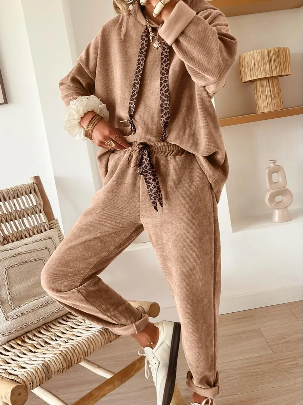 Women's 2 Piece Lounge Set Ribbed Corduroy Hoodie and Long Pants Tracksuit with Leopard Drawstring