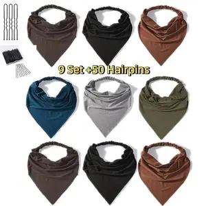 9 Pack Hair Scarf Headband for Women with Black Hair Pins Elastic Bandana Head Scarf Large Boho Triangle Kerchief with Clips Non Slip Scarves
