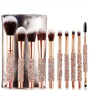 10Pcs Luxury Makeup Brush Set Diamond Rivet Handle Design Crystal Makeup Brush, For Face And Eye Makeup Brush Professional Foundation Concealer Eye Shadow Makeup Tool
