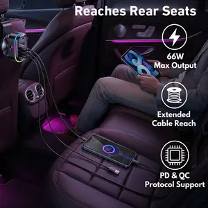 6-Port Car Charger Hub with 5FT Long Cord | 66W PD/QC 3.0 Rapid Charging Adapter with Back Clip | Multi-Device Phone Charger for Front & Rear Seat | Universal Auto Accessory Adjustable Power Supply carplay adapter Tactical Real-Time GPS Radar Detector